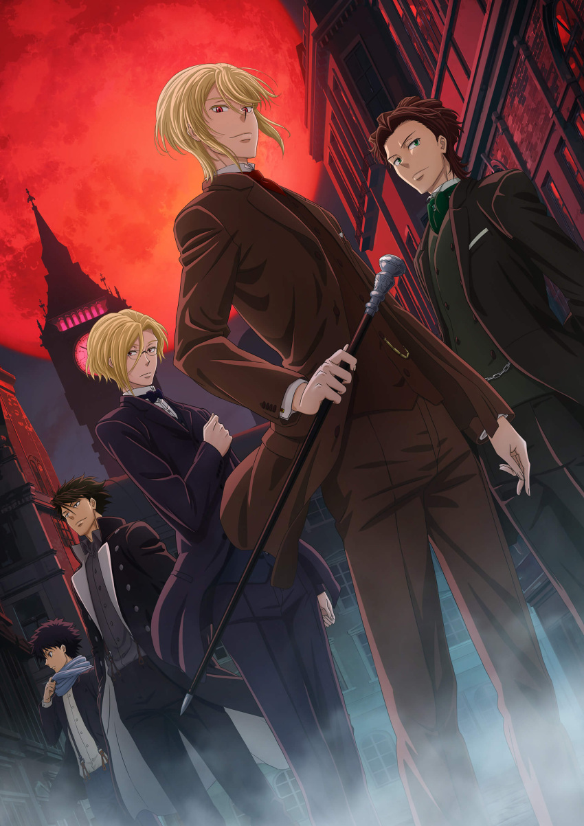 5boys absurdres albert_james_moriarty black_suit blonde_hair blue_scarf brown_suit cane dutch_angle elizabeth_tower formal fred_porlock glasses green_neckwear highres holding holding_cane key_visual looking_at_viewer looking_to_the_side louis_james_moriarty male_focus multiple_boys official_art purple_suit red_eyes red_neckwear scarf sebastian_moran_(yuukoku_no_moriarty) short_hair suit tagme william_james_moriarty yuukoku_no_moriarty