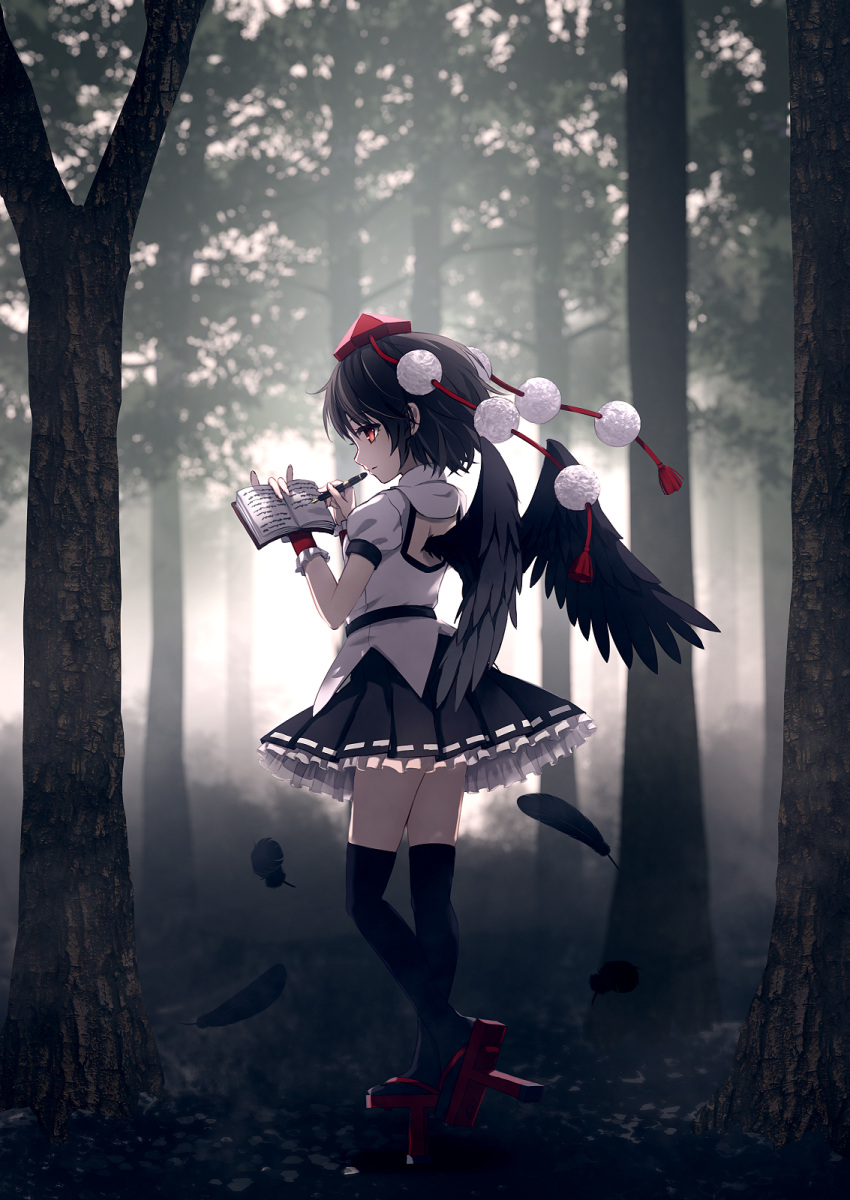 1girl black_feathers black_hair black_legwear black_skirt black_wings blurry blurry_background commentary_request dise falling_feathers feathered_wings forest from_behind full_body geta hat highres holding holding_notebook miniskirt nature notebook outdoors pom_pom_(clothes) red_eyes red_headwear shameimaru_aya shirt short_hair skirt solo tengu-geta thigh-highs tokin_hat touhou white_shirt wings wrist_cuffs writing
