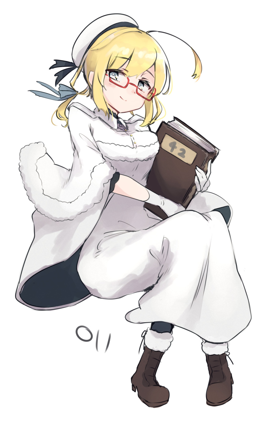 1girl absurdres ahoge alternate_costume bangs beret black_legwear blonde_hair book boots breasts brown_footwear capelet dress full_body fur-trimmed_boots fur_trim glasses gloves hair_ribbon hat highres holding holding_book i-8_(kantai_collection) kantai_collection long_hair low_twintails ma_rukan red-framed_eyewear ribbon sidelocks signature simple_background smile solo twintails white_background white_dress white_gloves white_headwear