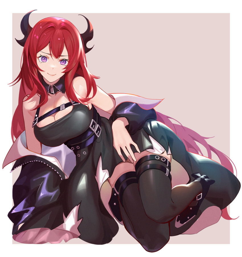 1girl arknights bangs bare_shoulders black_dress black_legwear breasts commentary_request dress grey_background henz highres horns long_hair looking_at_viewer medium_breasts off_shoulder redhead short_dress simple_background sleeveless sleeveless_dress smile solo surtr_(arknights) thigh-highs violet_eyes