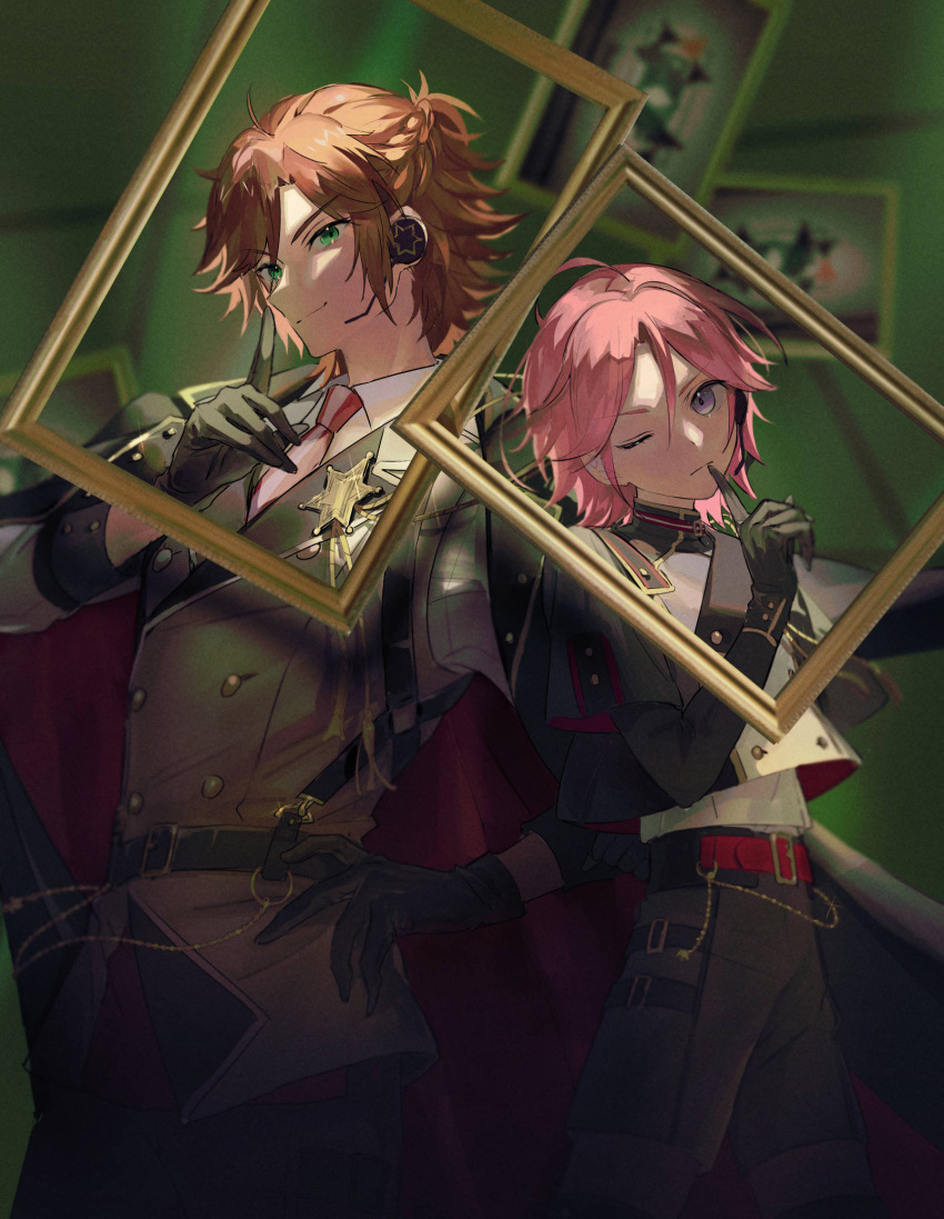 2boys ahoge belt belt_buckle black_belt black_gloves blurry blurry_background brown_hair buckle commentary cropped_jacket double_face_(ensemble_stars!) earpiece ensemble_stars! finger_to_mouth formal gloves green_eyes hair_up hand_on_hip highres idol indoors looking_at_viewer male_focus microphone mikejima_madara multiple_boys necktie one_eye_closed oukawa_kohaku picture_frame pink_hair red_belt red_neckwear rice_(rice8p) sheriff_badge short_hair smile suit violet_eyes