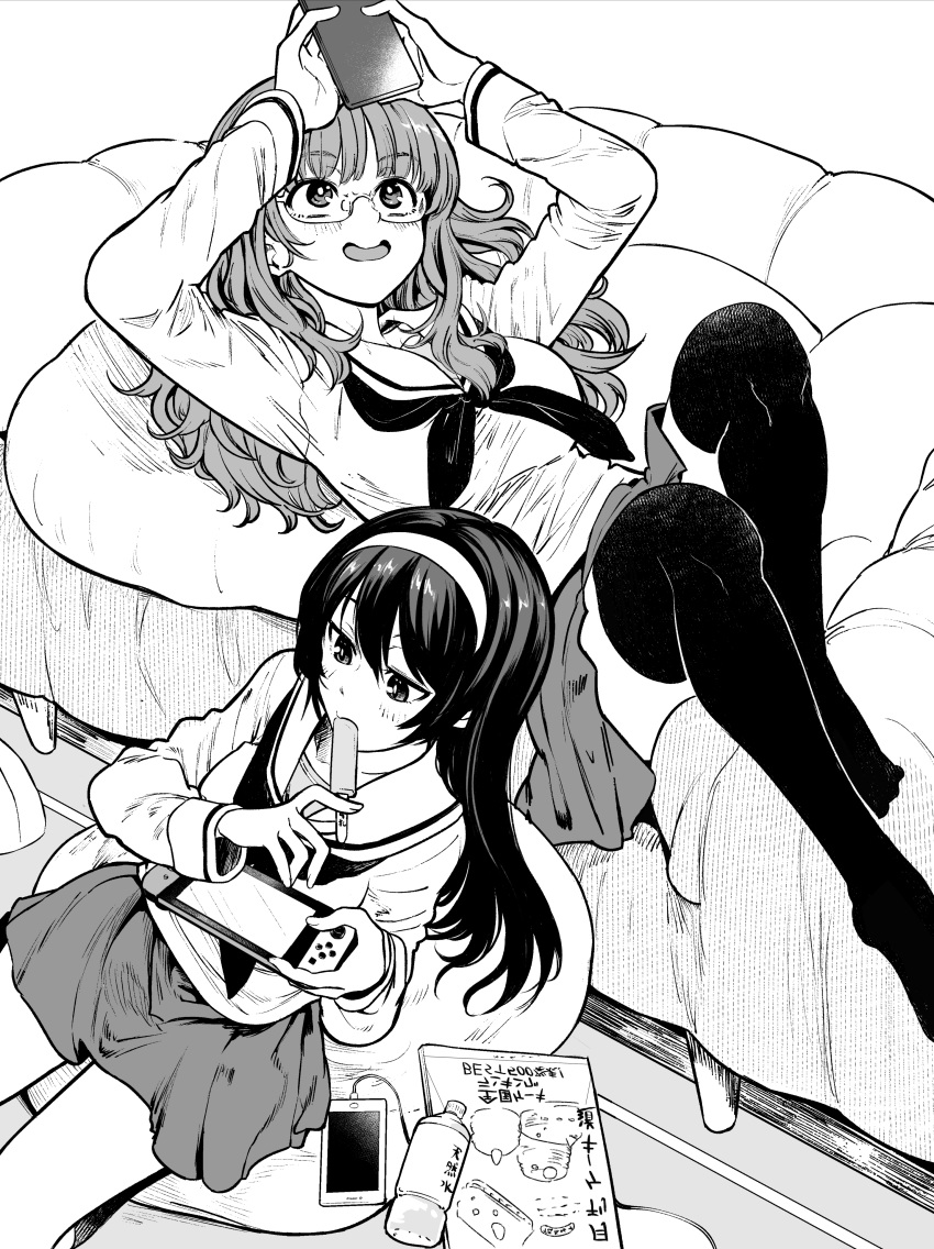 2girls absurdres arms_up bangs bean_bag_chair blouse blunt_bangs bonkara_(sokuseki_maou) bottle cellphone commentary controller couch eyes_visible_through_hair food game_controller girls_und_panzer glasses greyscale hairband highres holding holding_controller holding_food holding_game_controller holding_phone indoors knees_up long_hair long_sleeves lying miniskirt monochrome multiple_girls neckerchief nintendo_switch on_back on_couch ooarai_school_uniform open_mouth phone pleated_skirt popsicle reizei_mako school_uniform serafuku sitting skirt smartphone smile takebe_saori thigh-highs water_bottle