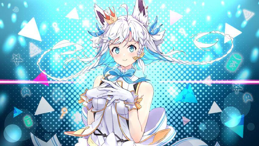 1girl absurdres ahoge alternate_costume alternate_eye_color alternate_hairstyle animal_ears blue_background blue_bow blue_eyes blush bow bowtie braid breasts closed_mouth cno colored_inner_hair commentary crown dress floating_hair fox_ears gloves hair_ribbon hands_on_own_chest hands_together highres hololive idol large_bow light_blue_hair long_hair looking_at_viewer medium_breasts mini_crown multicolored_hair official_alternate_costume patterned_background pentagram ribbon shirakami_fubuki side_braid silver_hair sleeveless sleeveless_dress smile solo tri_braids twintails two-tone_hair upper_body virtual_youtuber white_bow white_dress white_gloves