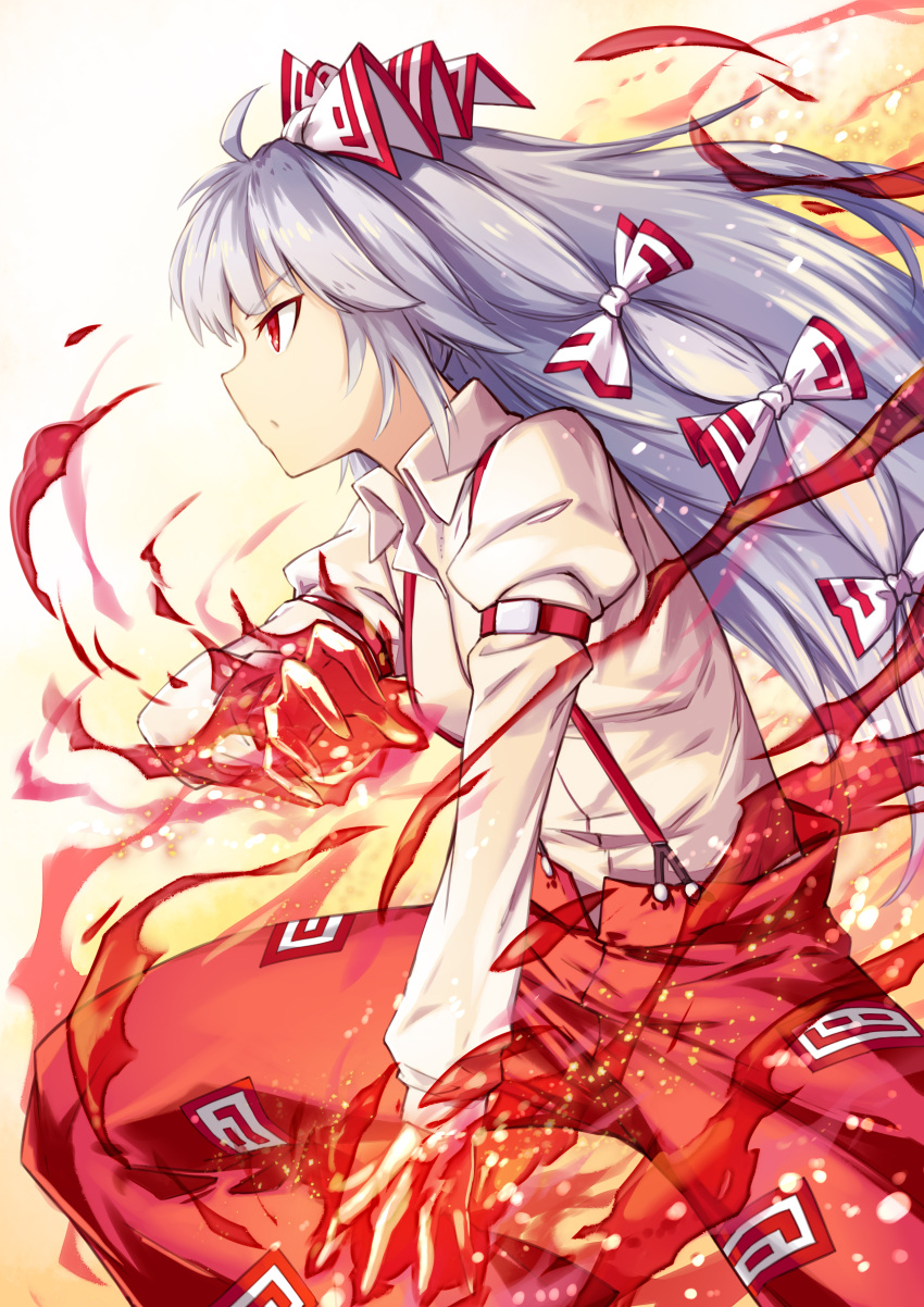 1girl absurdres ahoge arm_up aura bangs bow buttons closed_mouth collared_shirt fire fish.boy from_side fujiwara_no_mokou hair_bow highres juliet_sleeves long_hair long_sleeves multicolored_bow multiple_bows ofuda_on_clothes pants puffy_sleeves pyrokinesis red_bow red_eyes red_pants serious shirt silver_hair solo standing suspenders touhou white_background white_bow white_shirt