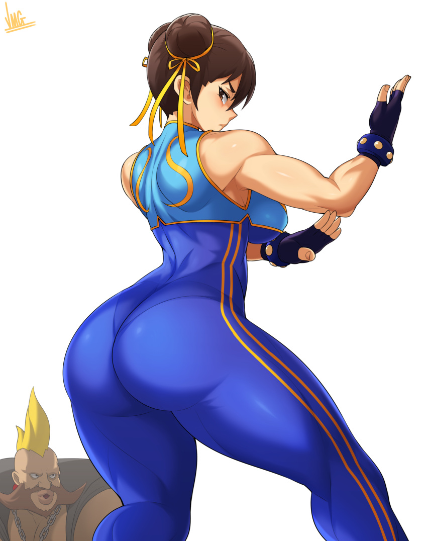 1boy 1girl absurdres artist_name ass birdie_(street_fighter) black_gloves breasts brown_hair chain chun-li commentary double_bun fingerless_gloves gloves highres jmg large_breasts pose short_hair signature simple_background street_fighter street_fighter_zero_(series) thick_thighs thighs toned white_background