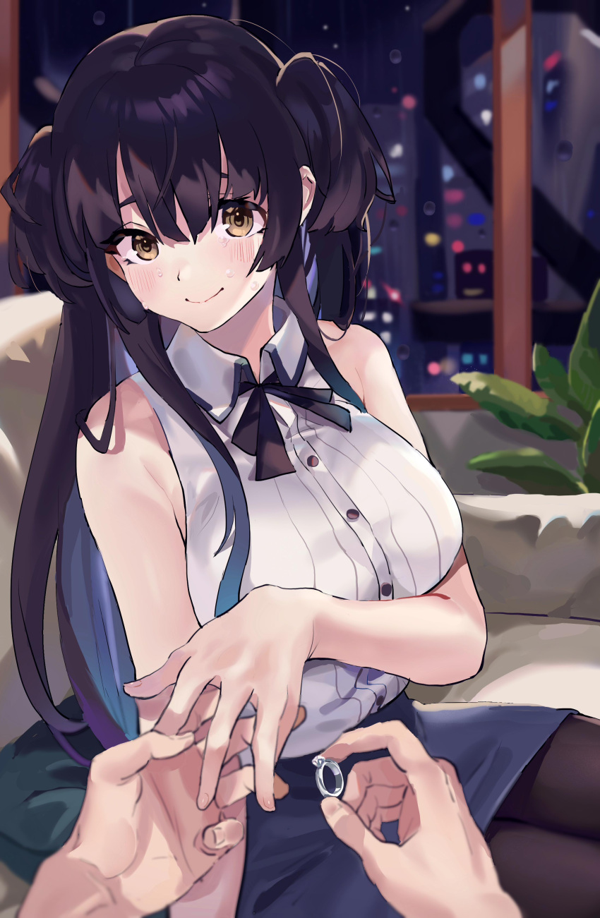 1girl absurdres bangs bare_shoulders black_hair black_legwear black_neckwear blue_skirt blush closed_mouth collared_shirt couch dress_shirt fingernails highres hirasawagitai holding holding_ring idolmaster idolmaster_shiny_colors jewelry long_hair looking_at_viewer mayuzumi_fuyuko miniskirt pantyhose plant pov ring shirt skirt sleeveless sleeveless_shirt smile tears two_side_up white_shirt window yellow_eyes