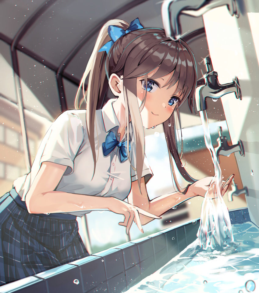 1girl absurdres blue_bow blue_eyes blue_neckwear blue_skirt blurry blurry_background blush bow bowtie breasts brown_hair closed_mouth collared_shirt depth_of_field dress_shirt faucet from_side glint hair_bow harui_(huruyi_817) high_ponytail highres indoors leaning_forward long_hair looking_at_viewer looking_to_the_side medium_breasts original plaid plaid_skirt pleated_skirt ponytail school_uniform shirt short_sleeves skirt smile solo water