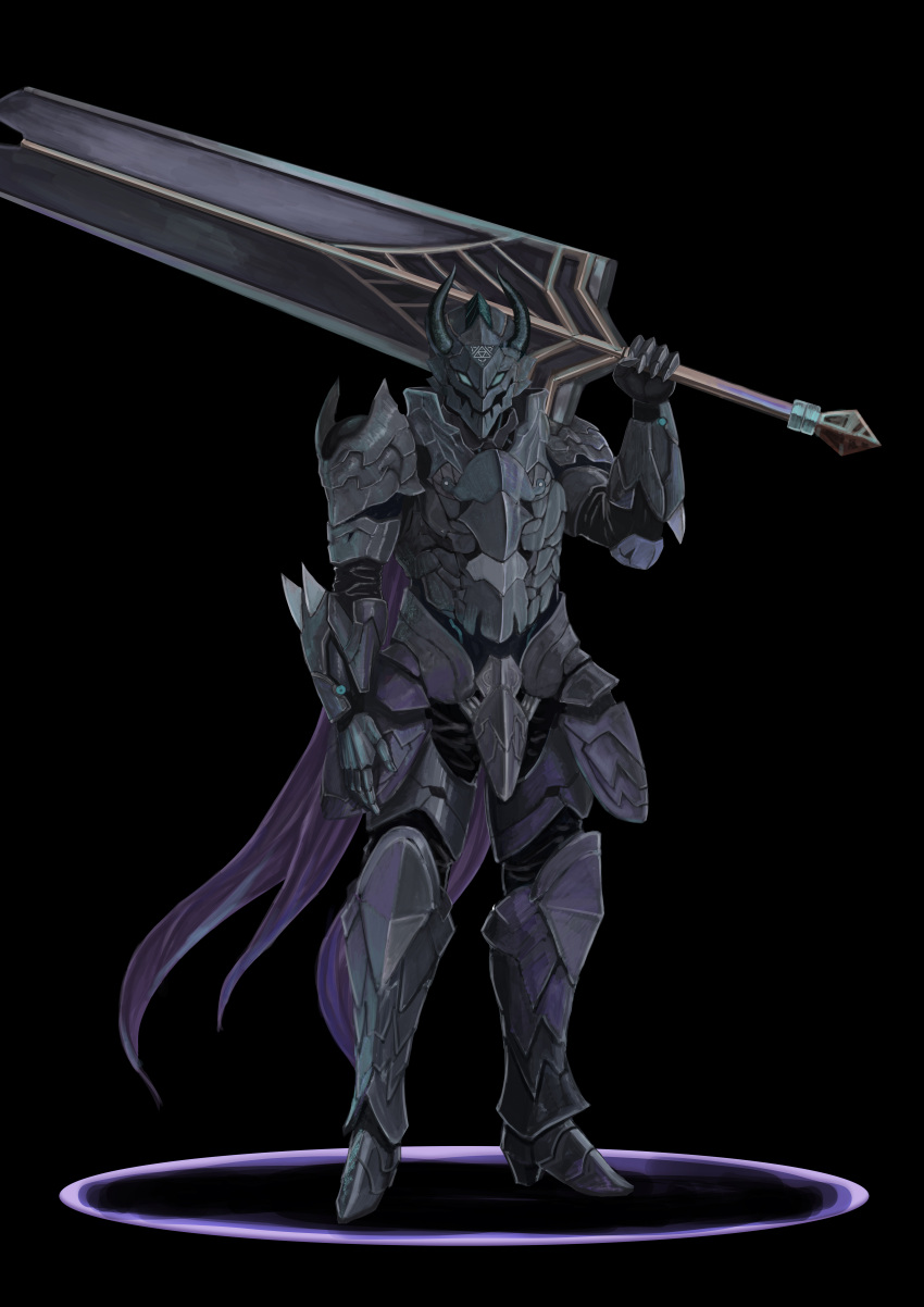 1boy absurdres armor black_background breastplate cape gauntlets greatsword greaves helm helmet highres holding holding_sword holding_weapon horned_headwear horned_helmet king's_raid male_focus glassesno_dokitsui over_shoulder pauldrons purple_cape shoulder_armor simple_background solo standing sword sword_over_shoulder vambraces weapon weapon_over_shoulder