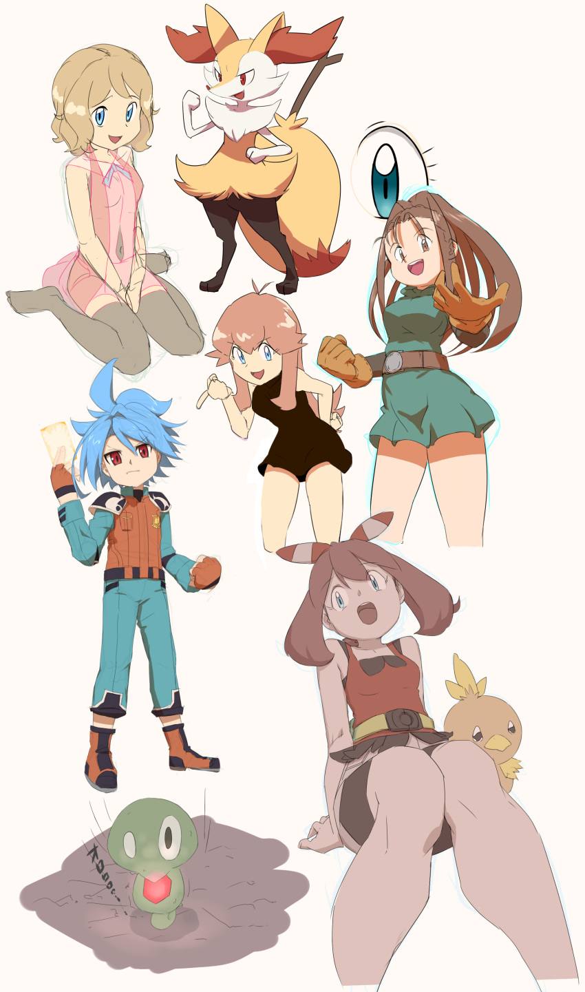 absurdres barbara_(dq6) blue_eyes breasts brown_hair character_request closed_mouth dragon_quest dragon_quest_vi green_(pokemon) highres long_hair looking_at_viewer may_(pokemon) multiple_girls nyonn24 pokemon pokemon_(game) pokemon_oras short_hair simple_background sketch white_background