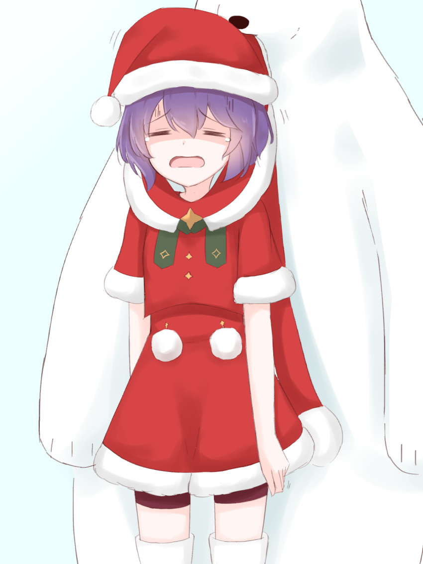 1girl bear bernadetta_von_varley chirun0 closed_eyes english_commentary fire_emblem fire_emblem:_three_houses fire_emblem_heroes hat highres lifting_person mouth_hold open_mouth polar_bear pom_pom_(clothes) purple_hair santa_costume santa_dress santa_hat simple_background tears