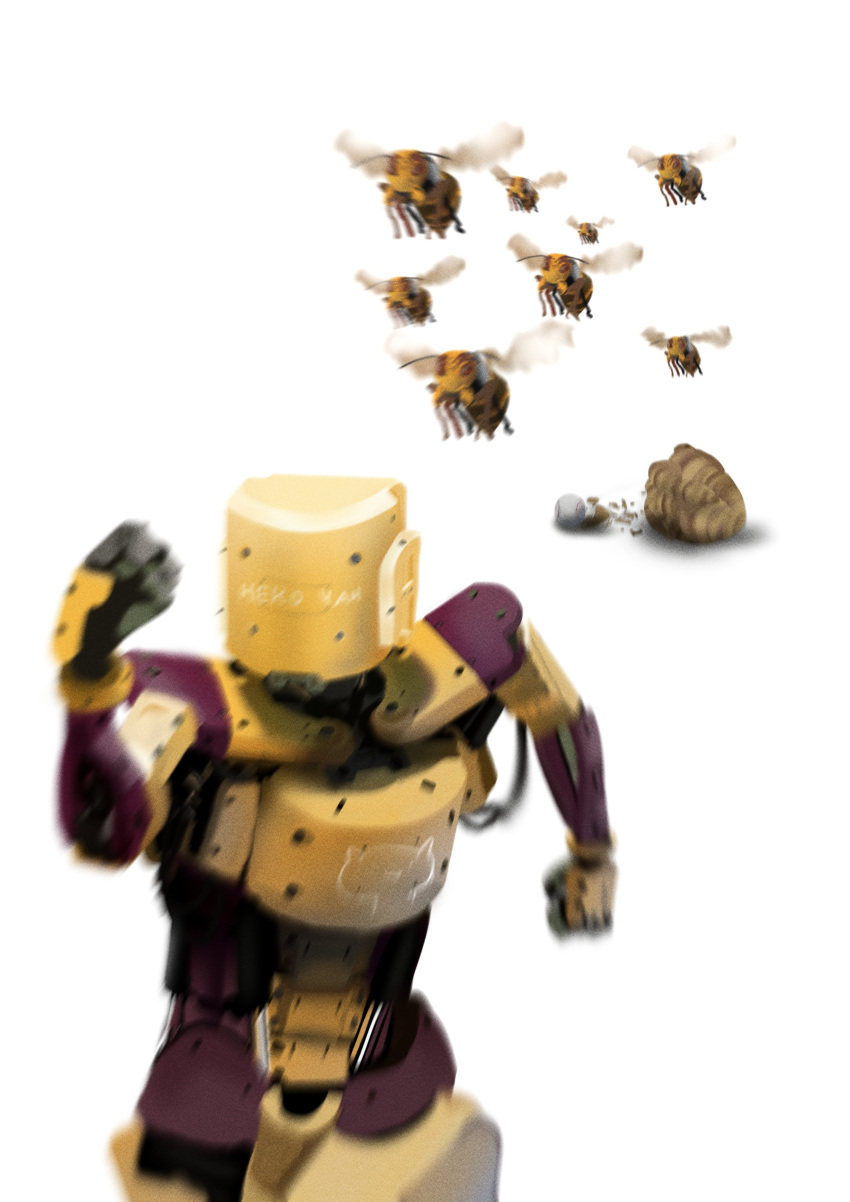 absurdres baseball clenched_hands commentary highres humanoid_robot kusami_toka_naku_au motion_blur no_humans original recurring_image red_eyes robot running science_fiction wasp wasp_nest white_background
