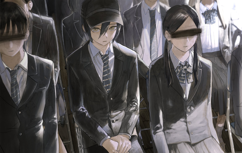 3girls 4boys bangs bar_censor black_hair black_headwear black_jacket black_pants black_skirt censored chair closed_mouth dangan_ronpa_(series) dangan_ronpa_v3:_killing_harmony hair_between_eyes hat highres identity_censor jacket long_sleeves looking_at_viewer mabelmine multiple_boys multiple_girls necktie pants saihara_shuuichi school_uniform sitting skirt striped striped_neckwear twintails yellow_eyes