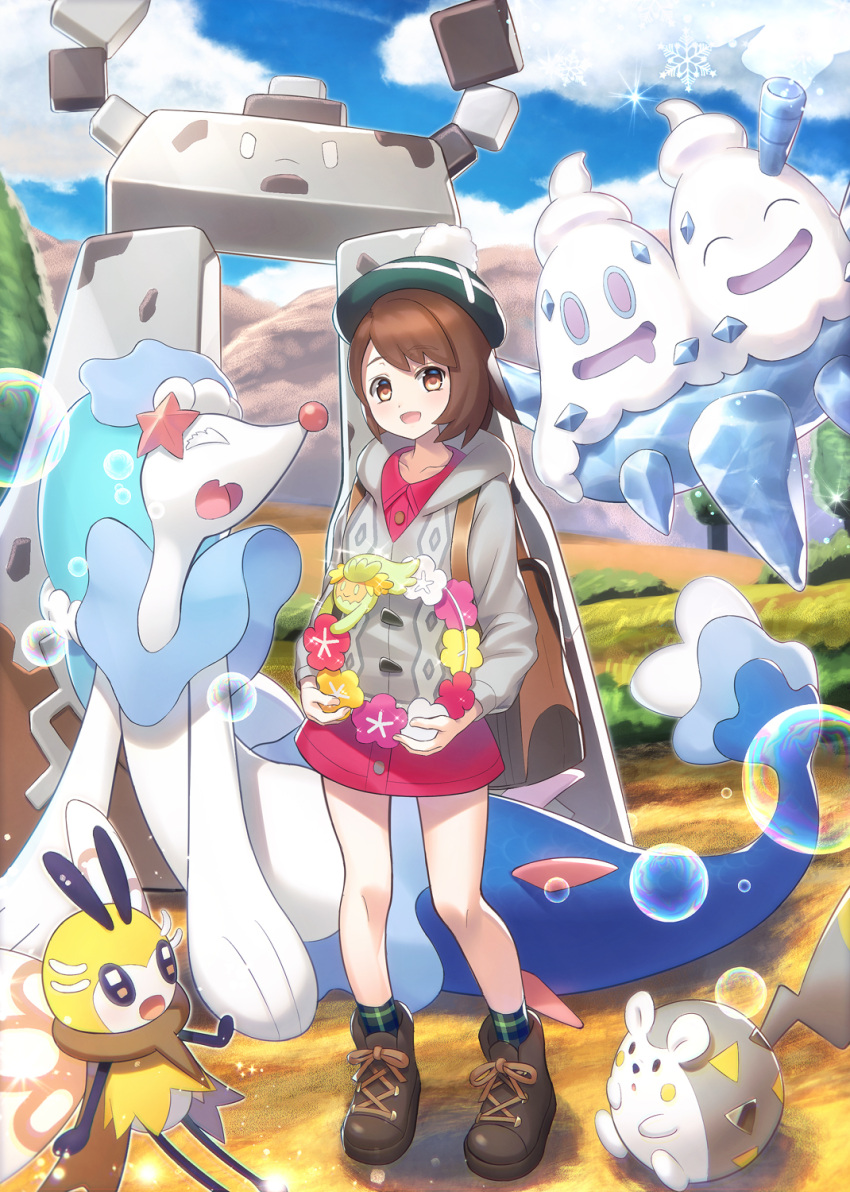 1girl :d ^_^ backpack bag blue_sky boots brown_eyes brown_footwear brown_hair cardigan character_request closed_eyes clouds cloudy_sky collared_dress commentary_request day dress drooling flower flower_wreath gen_5_pokemon gloria_(pokemon) green_headwear grey_cardigan hat highres hood hood_down hooded_cardigan kaina_(tsubasakuronikuru) long_sleeves looking_at_viewer mountain mouth_drool open_mouth outdoors pink_dress plaid plaid_legwear pokemon pokemon_(creature) pokemon_(game) pokemon_swsh purple_flower red_flower short_hair sky smile socks standing tam_o'_shanter vanilluxe white_flower yellow_flower