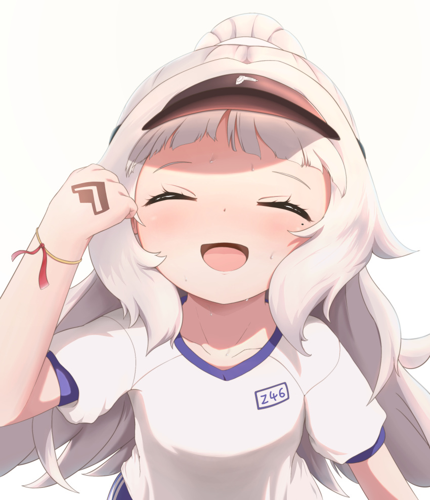 1girl :d ^_^ ^o^ absurdres azur_lane bangs blunt_bangs blush buruma clenched_hand closed_eyes commentary fang fiido from_above gym_uniform happy highres long_hair looking_at_viewer looking_up mole mole_under_eye name_tag open_mouth silver_hair simple_background smile solo sweat tattoo visor_cap white_background z46_(azur_lane) z46_(girls'_relay)_(azur_lane)