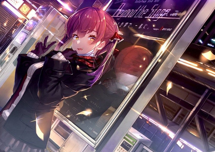 1girl akasaai black_gloves black_jacket breasts clock commentary_request gloves hair_ribbon highres hololive houshou_marine jacket large_breasts mask mask_pull medium_hair mouth_mask pleated_skirt promo_poster red_ribbon redhead reflection ribbed_sweater ribbon scarf skirt solo sweater twintails v virtual_youtuber winter_clothes yellow_eyes