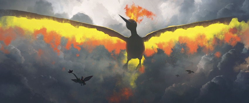 1other absurdres asteroid_ill bird closed_mouth clouds commentary_request dragonite fire flygon gen_1_pokemon gen_3_pokemon giant highres legendary_pokemon moltres pokemon pokemon_(creature) riding_pokemon