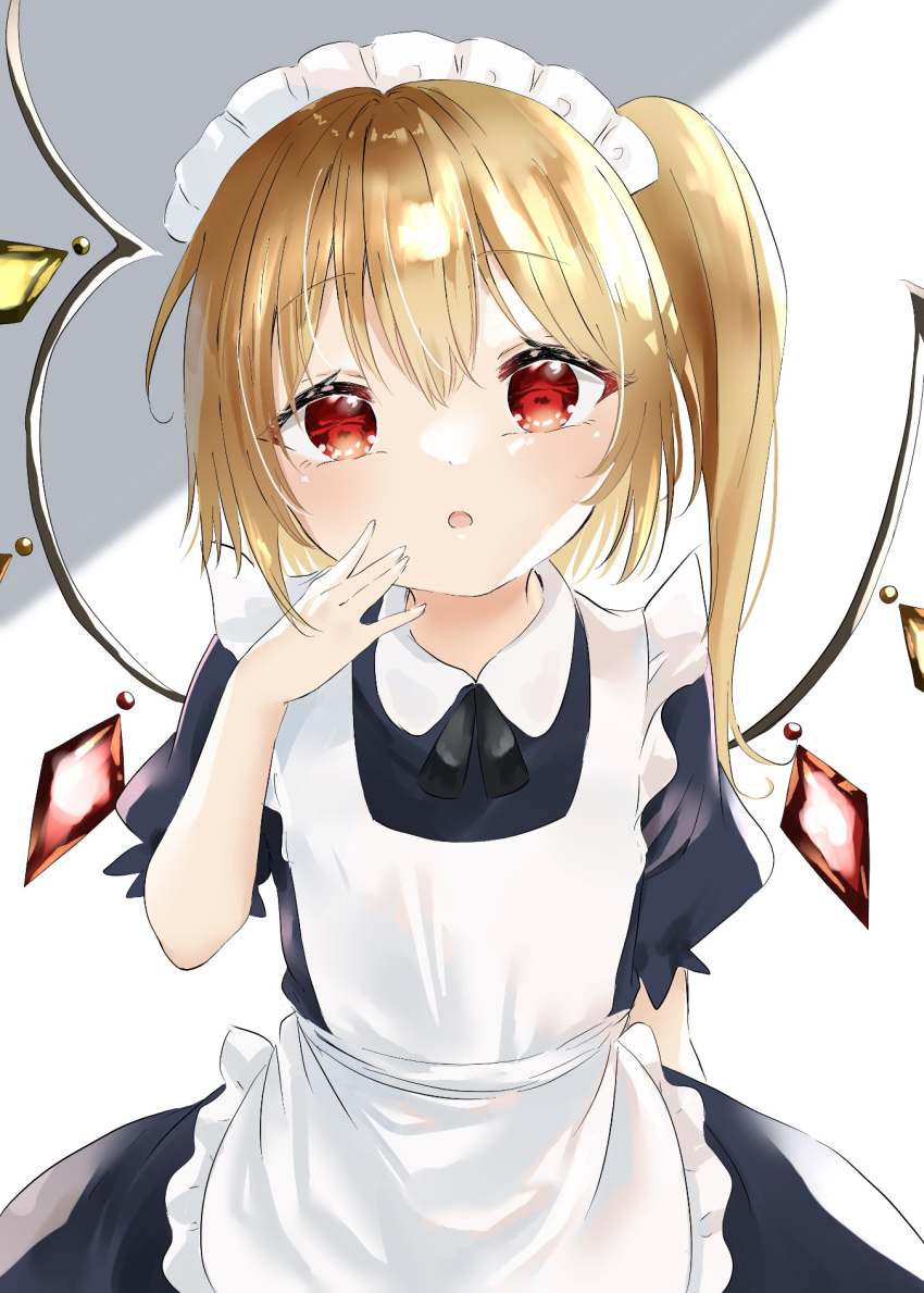 1girl :o alternate_costume apron arm_behind_back arm_up bangs black_dress black_neckwear blonde_hair commentary dress enmaided eyebrows_visible_through_hair flandre_scarlet grey_background hand_on_own_face head_tilt highres kamachi_(kamati0maru) looking_at_viewer maid maid_apron maid_headdress neck_ribbon one_side_up puffy_short_sleeves puffy_sleeves red_eyes ribbon shiny shiny_hair short_hair short_sleeves solo standing touhou two-tone_background upper_body white_background wings