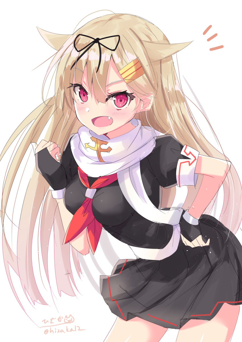 1girl :d black_gloves black_ribbon black_serafuku black_skirt blonde_hair breasts clenched_hand contrapposto cowboy_shot fang fingerless_gloves gloves hair_flaps hair_ornament hair_ribbon hairclip highres hizaka kantai_collection long_hair looking_at_viewer medium_breasts neckerchief neckwear_between_breasts open_mouth pleated_skirt red_eyes red_neckwear remodel_(kantai_collection) ribbon scarf school_uniform serafuku short_sleeves simple_background skirt smile solo white_background white_scarf yuudachi_(kantai_collection)