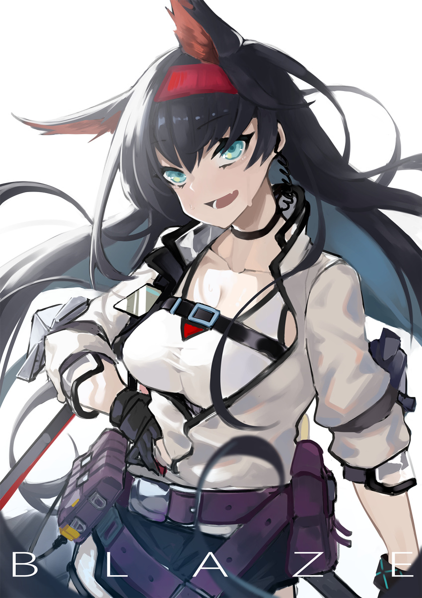 1girl animal_ears arknights belt belt_pouch black_choker black_gloves black_shorts blaze_(arknights) blue_eyes blue_hair breasts cat_ears character_name choker collarbone commentary cowboy_shot earpiece eyebrows_visible_through_hair fang fataaa fingerless_gloves floating_hair gloves hairband hand_on_hip highres jacket long_hair looking_at_viewer medium_breasts open_clothes open_jacket open_mouth pouch short_shorts shorts simple_background skin_fang smile solo strap sweat tank_top white_background white_jacket white_tank_top