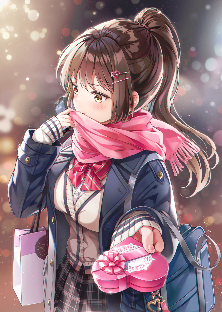 1girl absurdres bag beige_sweater blue_bag blue_coat blurry blush bokeh bow bowtie box breasts brown_eyes brown_hair closed_mouth coat covering_mouth cowboy_shot depth_of_field fingernails gift gift_box glint hair_ornament hairpin hand_up heart heart_hair_ornament highres holding holding_gift incoming_gift large_breasts long_hair long_sleeves looking_away original outstretched_arm pink_scarf plaid plaid_skirt pleated_skirt ponytail red_bow red_neckwear scarf seohui_l shoulder_bag sidelocks skirt solo standing striped striped_bow striped_neckwear