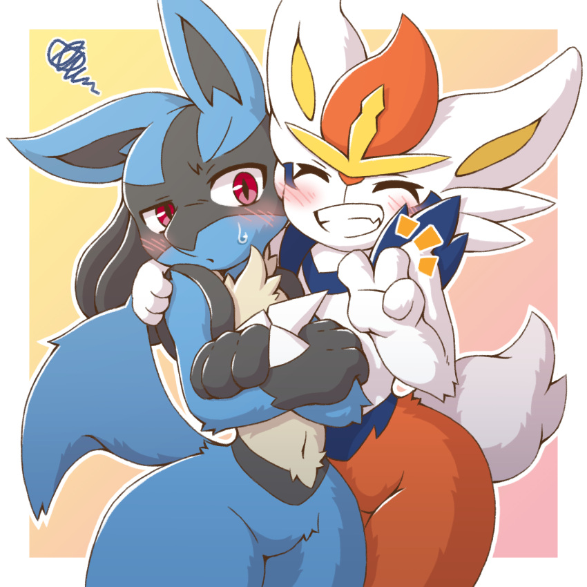 acky blush cinderace clenched_teeth closed_eyes commentary cowboy_shot crossed_arms furry gen_4_pokemon gen_8_pokemon hand_on_another's_shoulder happy highres lucario outline pokemon pokemon_(creature) red_eyes smile squiggle sweatdrop teeth v yellow_fur