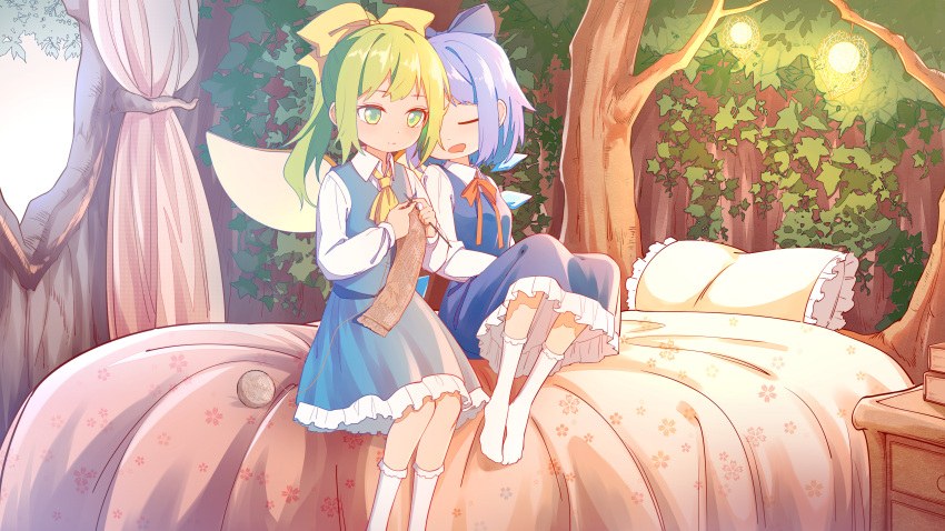 2girls absurdres bangs bed blue_dress blue_hair bobby_socks book_stack bow breasts cirno collared_shirt commentary cravat daiyousei drawer dress drooling fairy_wings feet feet_out_of_frame green_hair hair_bow highres ice ice_wings indoors jiege knitting long_hair looking_down multiple_girls neck_ribbon on_bed open_mouth ponytail red_neckwear red_ribbon ribbon shirt short_hair sitting sleeping small_breasts socks touhou tree white_legwear white_shirt wings yellow_bow yellow_neckwear