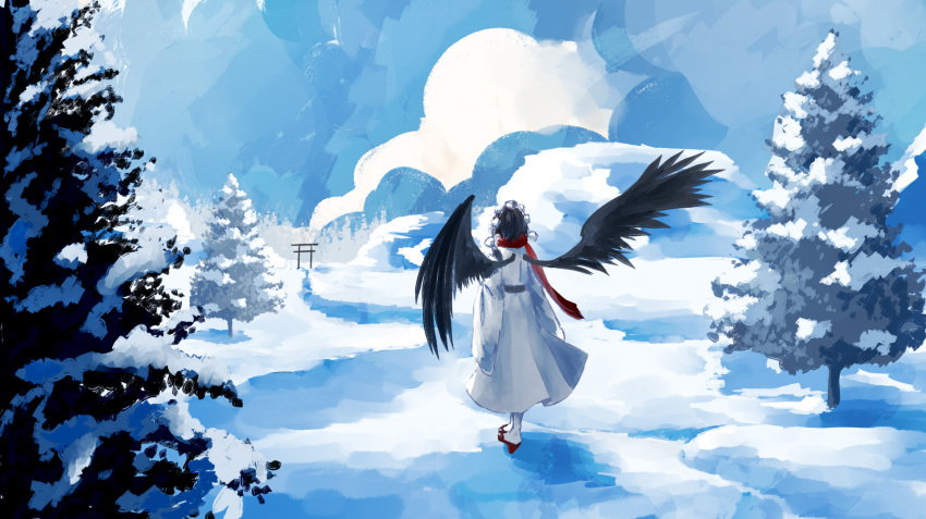 1girl black_hair black_wings commentary_request forest from_behind full_body geta hat highres ln_(xhds7875) long_sleeves nature outdoors pine_tree pom_pom_(clothes) red_footwear red_scarf scarf shameimaru_aya short_hair snow solo tengu-geta tokin_hat torii touhou tree wide_sleeves wings winter