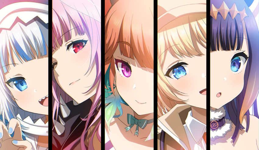 5girls :o animal_hood bangs blue_eyes blue_nails blunt_bangs bow bow_choker choker claw_pose close-up collarbone column_lineup english_commentary eyebrows_visible_through_hair gawr_gura green_bow green_choker highres hololive hololive_english holomyth hood kurot light_blush looking_at_viewer mori_calliope multiple_girls ninomae_ina'nis one_eye_closed open_mouth pink_hair red_eyes shark_hood sharp_teeth shirt smile takanashi_kiara teeth tentacle_hair tied_shirt violet_eyes virtual_youtuber watson_amelia