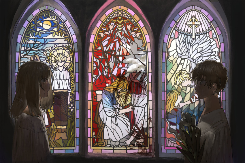 1boy 1girl bangs blonde_hair blood broken_glass closed_mouth crying dress facing_another flower from_side glass highres holding holding_flower long_hair mabelmine original profile stained_glass tears tulip white_dress