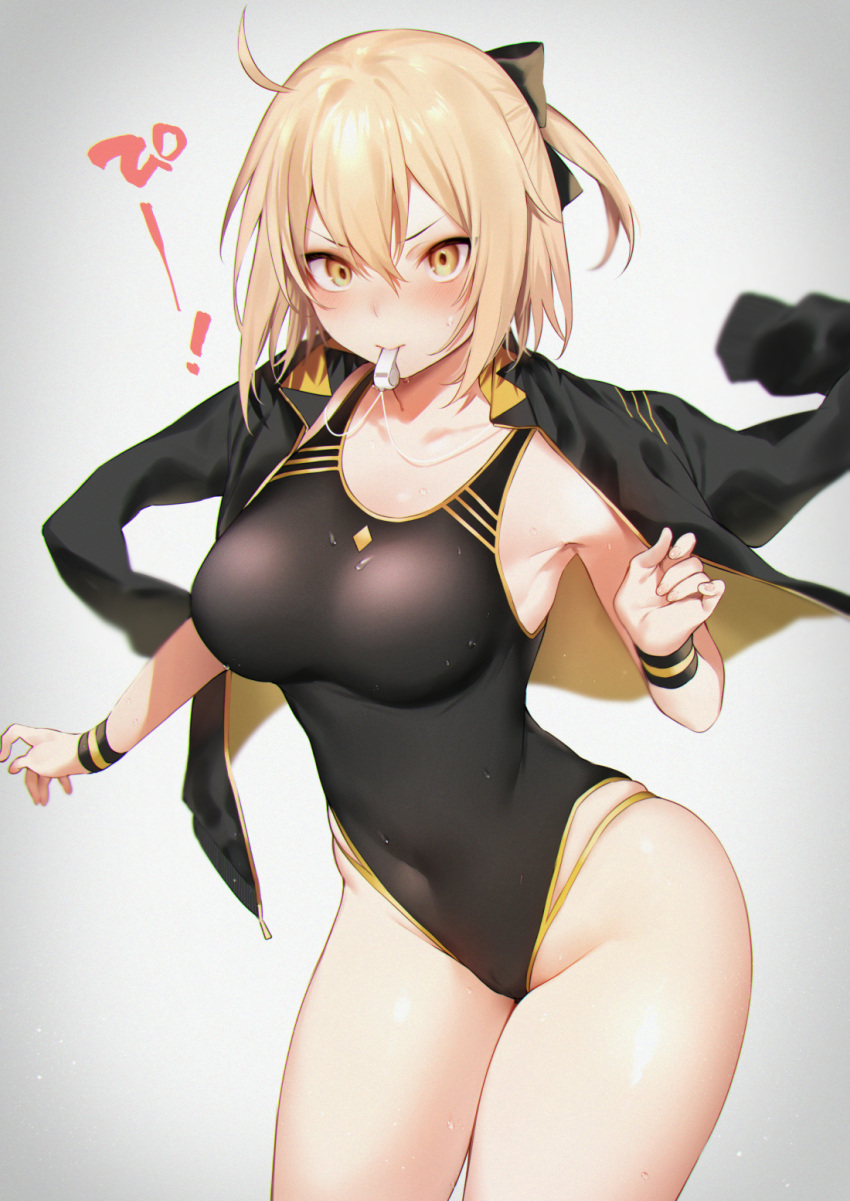 1girl ahoge bangs bare_legs black_bow black_jacket black_swimsuit blush bow breasts competition_swimsuit fate/grand_order fate_(series) grey_background hair_between_eyes hair_bow highleg highres iriehana jacket jacket_on_shoulders koha-ace large_breasts mouth_hold okita_souji_(fate) okita_souji_(fate)_(all) one-piece_swimsuit ponytail simple_background solo sweat swimsuit thighs whistle wristband yellow_eyes