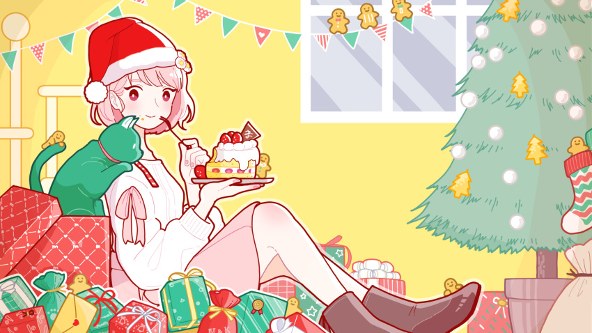 1girl black_footwear boots box cake cat christmas_tree flower food fork gift gift_box green_cat green_fur hat hat_flower highres holding holding_fork holding_plate knees_up long_sleeves makanon_records masaki_kanon outline pink_eyes pink_hair pink_nails plate short_hair solo strawberry_shortcake sweater virtual_youtuber white_flower white_outline white_sweater window yoshimon