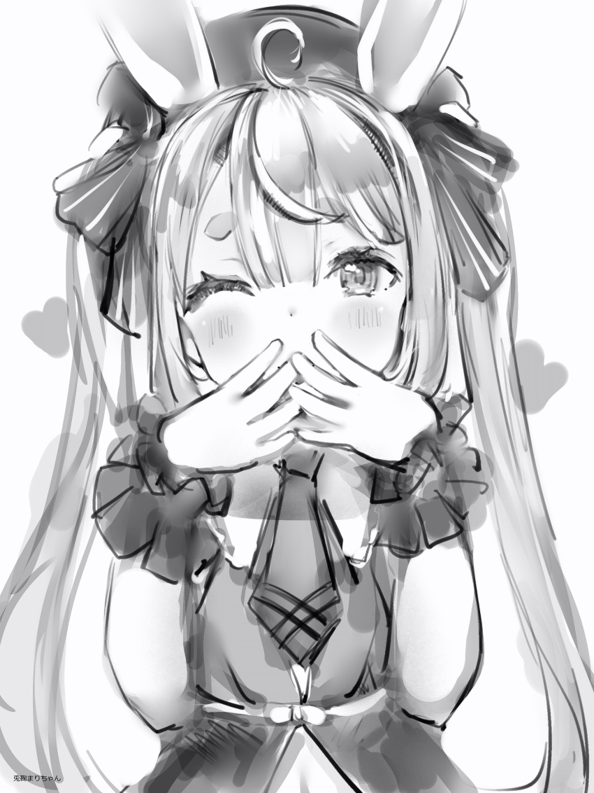 1girl ahoge animal_ears blush bow copyright_request dot_nose greyscale hair_bow hands_over_mouth hands_up hat heart highres long_hair looking_at_viewer mini_necktie monochrome nanashi_(nlo) one_eye_closed rabbit_ears solo two_side_up upper_body