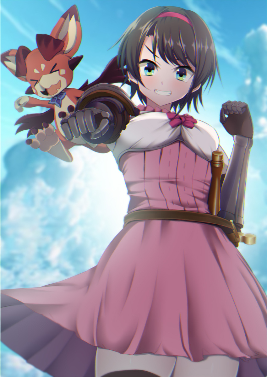 &gt;_&lt; :d ashino_moto black_hair bow cosplay djeeta_(granblue_fantasy) djeeta_(granblue_fantasy)_(cosplay) dress gauntlets granblue_fantasy green_eyes hairband highres hololive oozora_subaru open_mouth pink_bow pink_dress ribbon smile sword vee_(granblue_fantasy) weapon xd