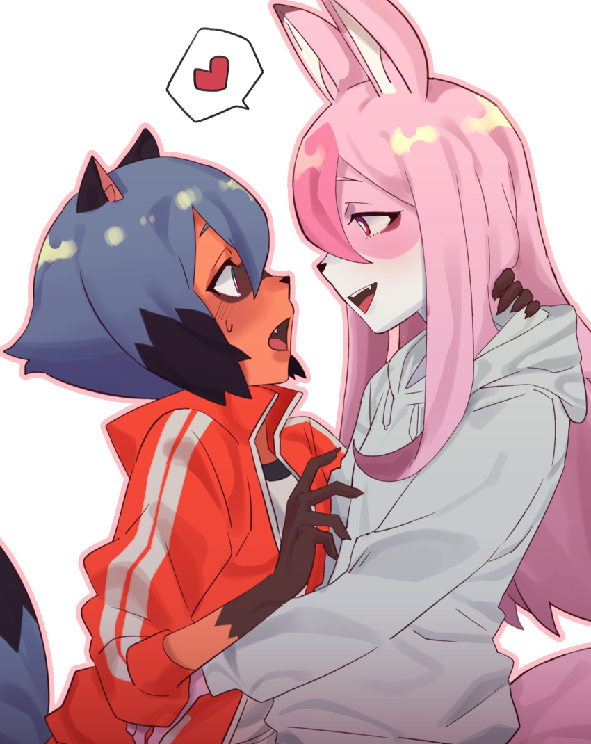 2girls absurdres animal_ears animal_nose bangs black_hair blue_hair brand_new_animal claws colored_skin dark_skin eye_contact face-to-face fang fox_ears fox_girl furry hair_between_eyes hand_on_another's_neck hand_on_another's_waist heart highres hiwatashi_nazuna hood hood_down hoodie jacket kagemori_michiru long_hair looking_at_another multicolored multicolored_hair multicolored_skin multiple_girls open_mouth outline pink_hair pink_skin raccoon_ears raccoon_girl raccoon_tail red_eyes red_jacket shirt short_hair short_hair_with_long_locks sidelocks simple_background smile spoken_heart sweatdrop tail takao_(88499191) track_jacket two-tone_hair two-tone_skin upper_body white_background white_hoodie white_shirt white_skin yuri