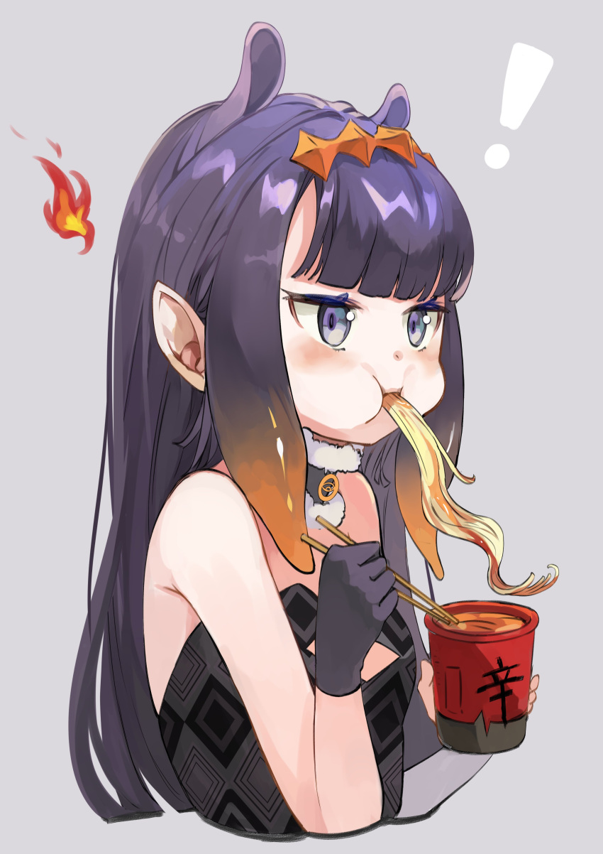 1girl absurdres bangs black_gloves blue_eyes blunt_bangs cheek_bulge chopsticks cup_noodle dadada eating food gloves highres hololive hololive_english instant_ramen long_hair multicolored_hair ninomae_ina'nis noodles pointy_ears purple_hair ramen ramen solo tentacle_hair tentacles virtual_youtuber