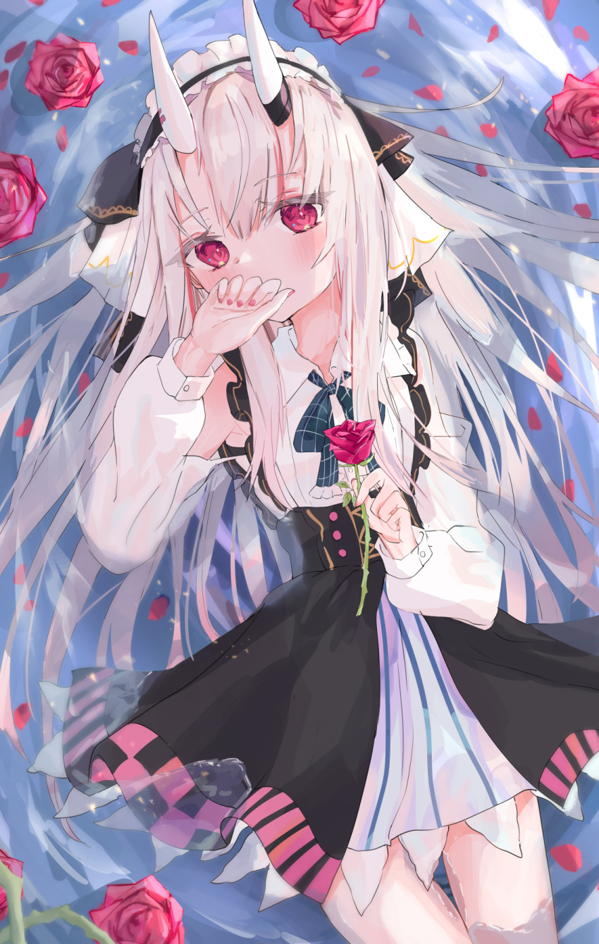 blush commentary covering_mouth cowboy_shot detached_sleeves dress eyebrows_visible_through_hair flower flower_on_liquid hair_between_eyes hairband hand_on_own_face highres holding holding_flower hololive horns in_water layered_dress lolita_hairband long_hair looking_at_viewer lying nail_polish nakiri_ayame neck_ribbon on_back oni oni_horns partially_submerged petals petals_on_liquid pink_hair plaid_neckwear red_eyes red_flower red_nails red_rose ribbon rose shin_murasame very_long_hair virtual_youtuber white_sleeves