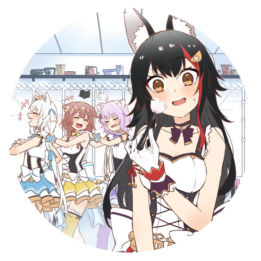 absurdres animal_ears cat_ears cat_girl dog_ears fox_ears fox_girl fox_tail gloves highres hololive hololive_gamers idol_clothes inugami_korone nekomata_okayu ookami_mio shirakami_fubuki tail tsukino_(nakajimaseiki) virtual_youtuber wolf_ears wolf_girl