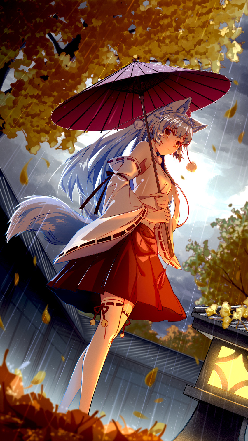 1girl absurdres alternate_hair_length alternate_hairstyle animal_ears bangs bell breasts closed_mouth clouds cloudy_sky detached_sleeves dutch_angle eyebrows_visible_through_hair fence from_below full_body hair_between_eyes hat highres holding holding_umbrella huge_filesize inubashiri_momiji jiege lamp light_smile long_hair looking_at_viewer medium_breasts oil-paper_umbrella orange_eyes outdoors over-kneehighs overcast pom_pom_(clothes) rain red_headwear red_ribbon ribbon ribbon-trimmed_legwear ribbon-trimmed_sleeves ribbon_trim shirt sky sleeveless sleeveless_shirt solo standing tail thigh-highs tokin_hat touhou tree umbrella white_hair white_legwear white_shirt wolf_ears wolf_tail