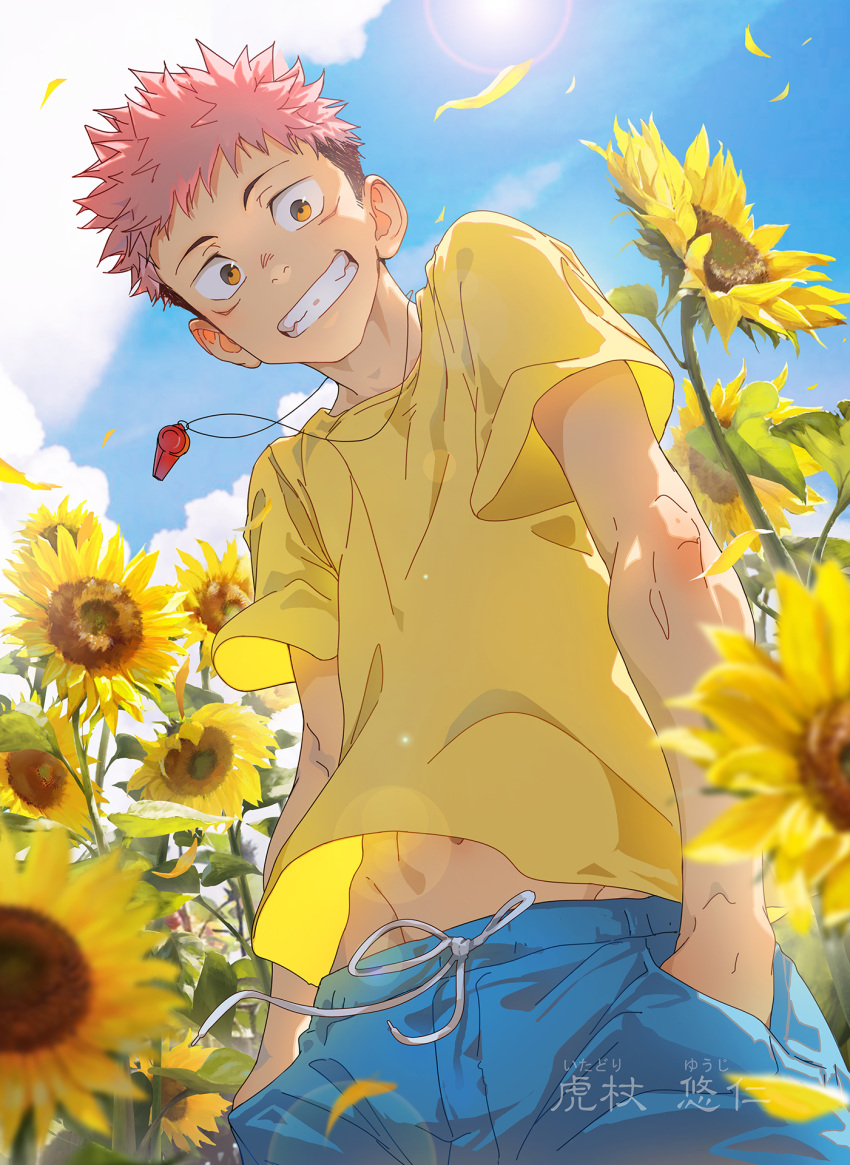 1boy beitemian blue_pants brown_eyes brown_hair facial_mark floral_background flower from_below highres itadori_yuuji jujutsu_kaisen looking_at_viewer male_focus midriff_peek outdoors pants petals pink_hair shirt short_hair sky smile solo spiky_hair sunflower sunlight undercut whistle whistle_around_neck wind wind_lift yellow_shirt younger