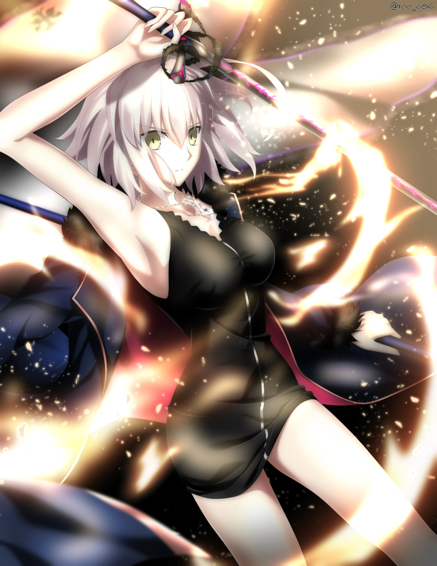 1girl absurdres arm_up armpits blonde_hair breasts fate/grand_order fate_(series) fire_emblem foo_(pixiv54892036) fur-trimmed_jacket fur_trim highres huge_filesize jacket jeanne_d'arc_(alter)_(fate) jeanne_d'arc_(fate)_(all) medium_breasts off_shoulder short_hair solo standard_bearer sword weapon wicked_dragon_witch_ver._shinjuku_1999 yellow_eyes