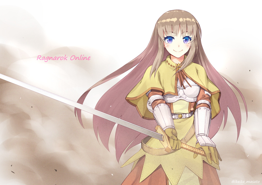 1girl bangs belt blue_eyes blunt_bangs blush brown_background brown_belt brown_dress brown_hair chest_guard closed_mouth commentary copyright_name cowboy_shot dress dust_cloud eyebrows_visible_through_hair gauntlets highres holding holding_sword holding_weapon ike_masato long_hair long_sword looking_at_viewer ragnarok_online smile solo standing sword swordsman_(ragnarok_online) tabard twitter_username weapon yellow_capelet