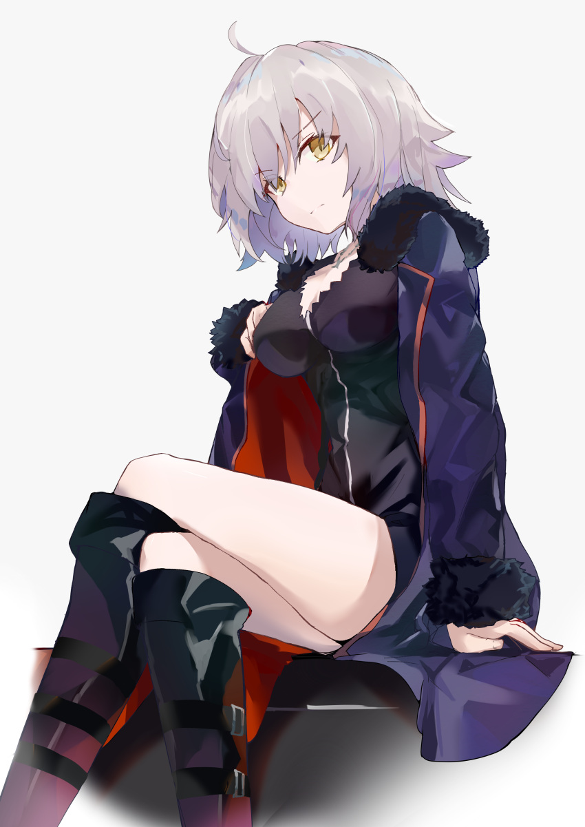 1girl absurdres ahoge boots breasts fate/grand_order fate_(series) fur-trimmed_jacket fur_trim highres jacket jeanne_d'arc_(alter)_(fate) jeanne_d'arc_(fate)_(all) long_hair looking_at_viewer medium_breasts same_(sendai623) silver_hair sitting solo very_long_hair yellow_eyes
