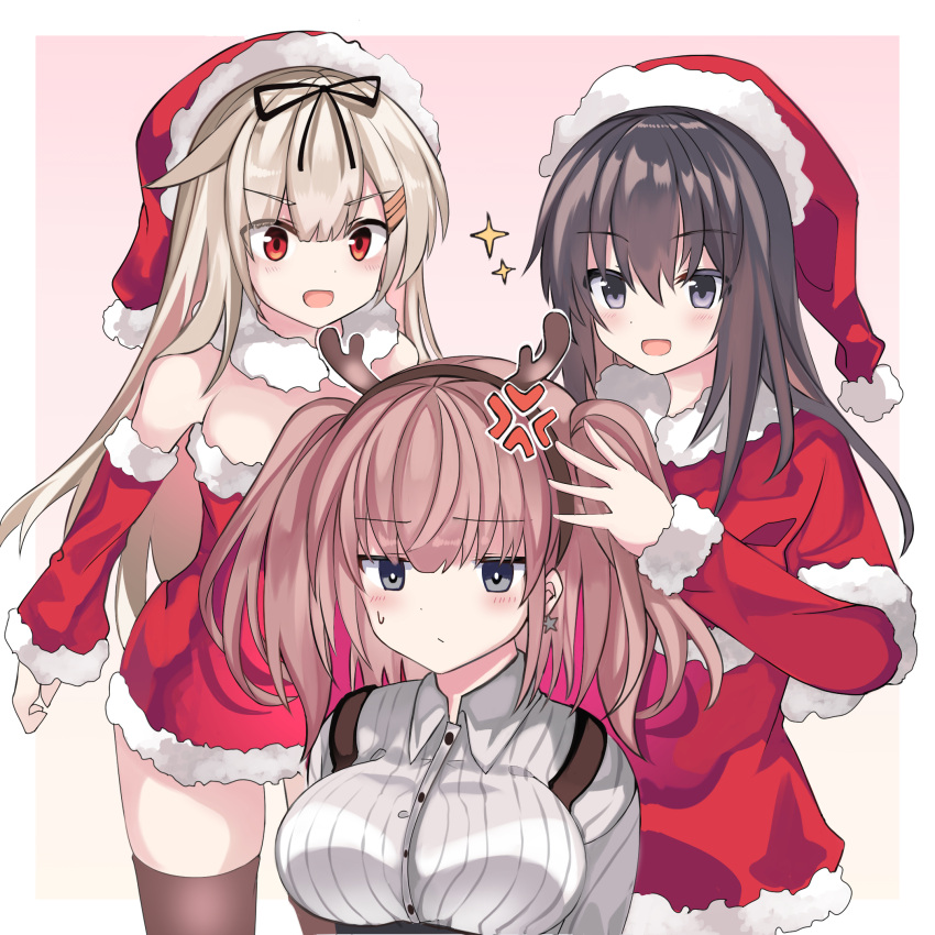 3girls :d akatsuki_(kantai_collection) alternate_costume anger_vein antlers atlanta_(kantai_collection) bare_shoulders black_hair black_ribbon blonde_hair blush breasts christmas commentary_request detached_collar detached_sleeves dress dress_shirt eyebrows_visible_through_hair fake_antlers fathom fur-trimmed_collar fur-trimmed_dress fur-trimmed_sleeves fur_trim grey_eyes hair_between_eyes hair_ornament hair_ribbon hairclip hat high-waist_skirt highres kantai_collection large_breasts long_hair multiple_girls open_mouth pink_background pink_hair red_dress red_eyes reindeer_antlers remodel_(kantai_collection) ribbon santa_costume santa_hat shirt simple_background skirt smile suspender_skirt suspenders two_side_up violet_eyes white_shirt yuudachi_(kantai_collection)