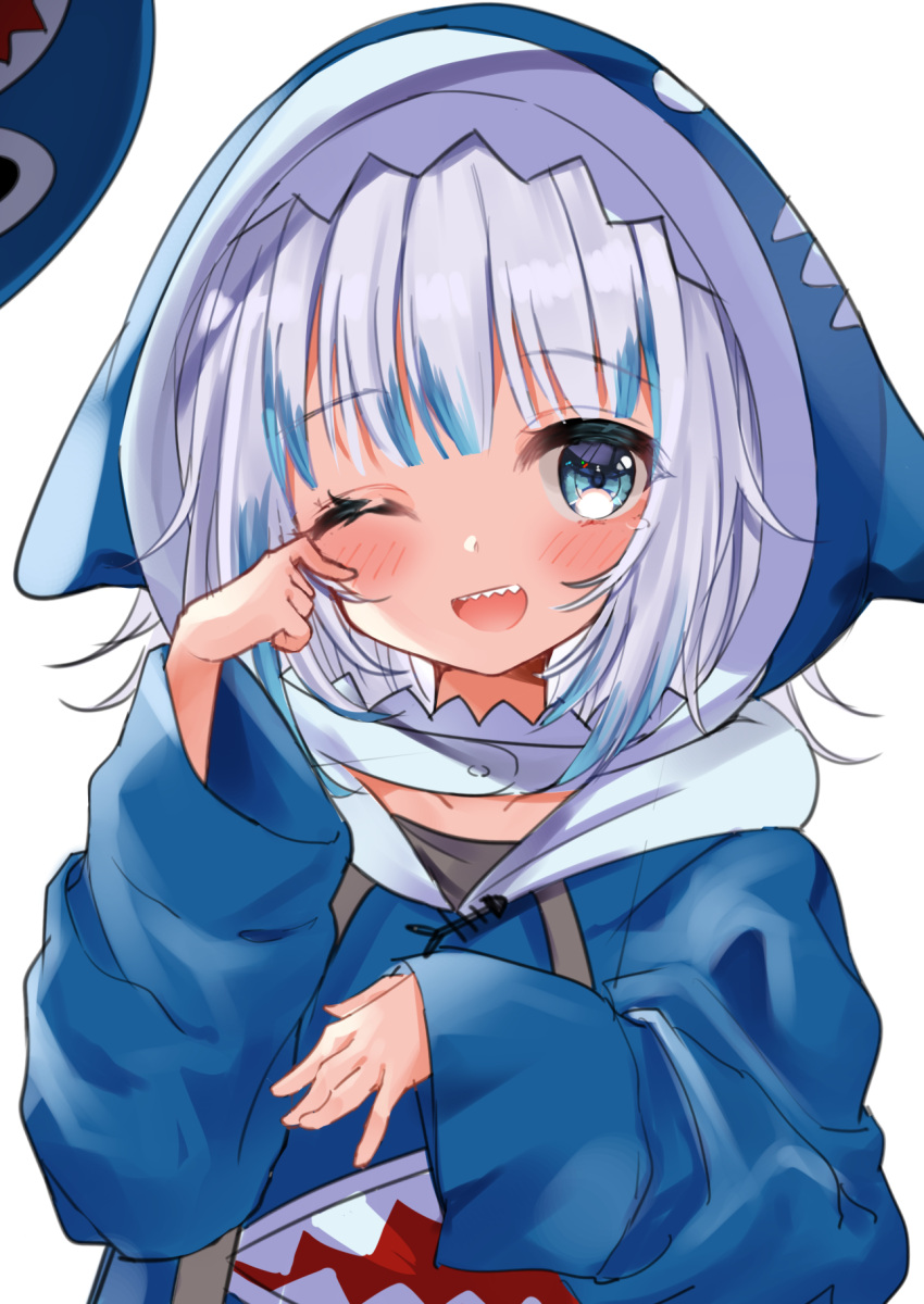 1girl agaki_anko animal_hood bangs blue_eyes blue_hair blue_hoodie blush commentary drawstring eyebrows_visible_through_hair gawr_gura hand_up highres hololive hololive_english hood hood_up hoodie long_sleeves looking_at_viewer multicolored_hair shark_hood silver_hair simple_background sleeves_past_wrists solo streaked_hair upper_body virtual_youtuber white_background wide_sleeves