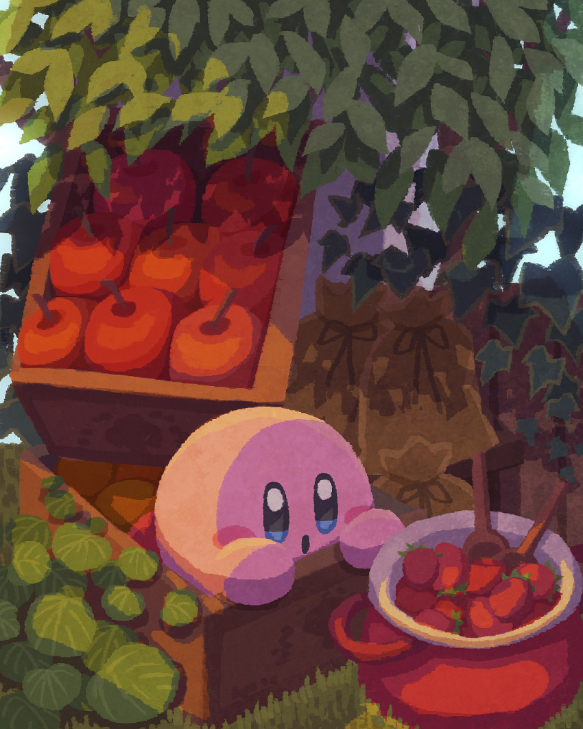 :o apple bag bush crate food fruit grass highres kirby kirby_(series) miclot no_humans open_mouth orange_(fruit) solo strawberry wooden_spoon