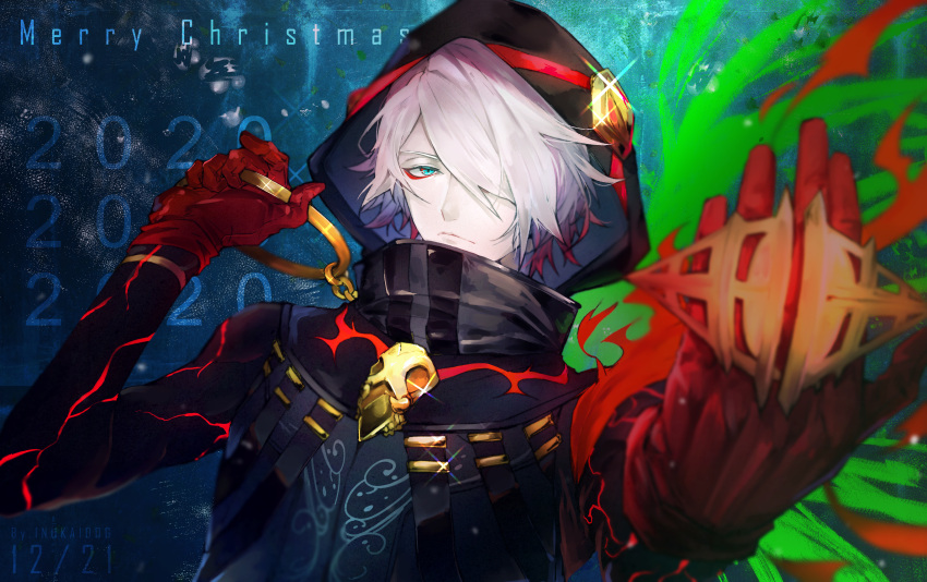 1boy 2020 absurdres artist_name blue_eyes colored_skin dated dogdogwanwan fate/grand_order fate_(series) gloves hair_over_one_eye highres hood karna_(fate) karna_(santa)_(fate) male_focus merry_christmas red_gloves white_hair white_skin