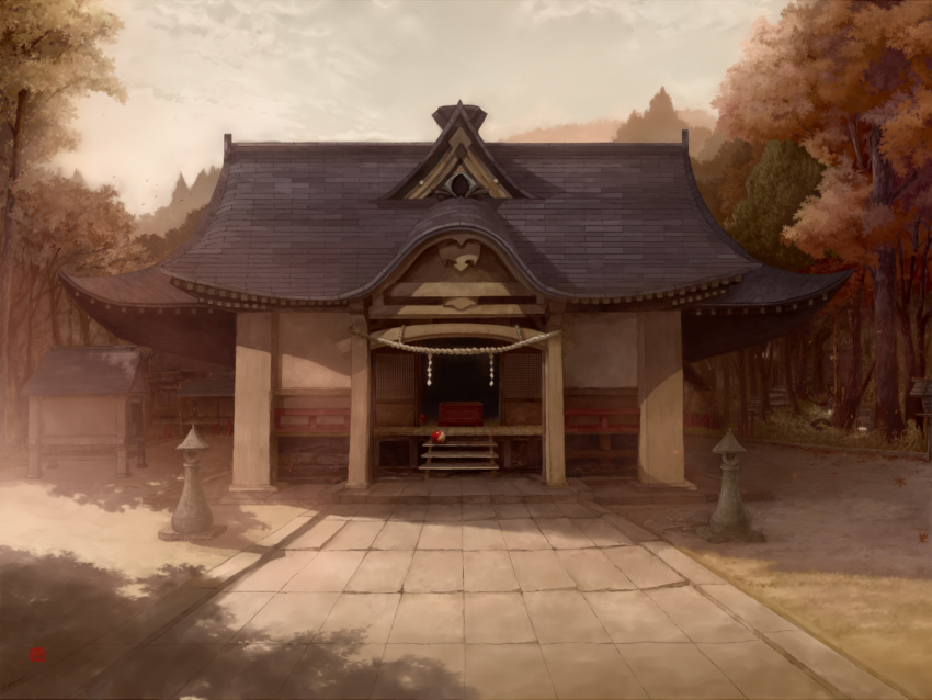 architecture arctic box building clouds cloudy_sky commentary donation_box east_asian_architecture falling_leaves fence forest gensoukyou hakurei_shrine highres leaf maple_leaf muted_color nature no_humans orb pavement porch railing rope scenery shimenawa shrine sky stone_lantern stone_walkway touhou tree yin_yang yin_yang_orb