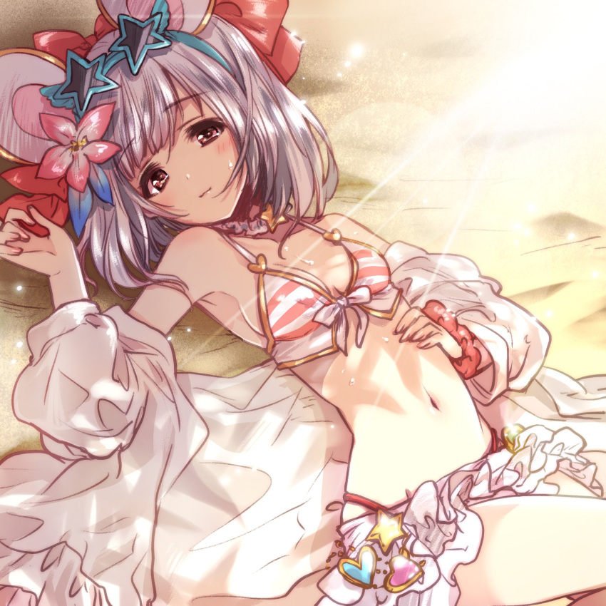 1girl animal_ears arm_up beach bikini bikini_skirt bow breasts choker closed_mouth commentary day eyes_visible_through_hair fake_animal_ears flower frilled_choker frills front-tie_top granblue_fantasy hair_bow hair_flower hair_ornament heart highres kuroi_mimei looking_at_viewer lying mouse_ears off_shoulder on_back outdoors pink_bikini pink_scrunchie red_bow red_eyes scrunchie shirt short_hair silver_hair small_breasts smile solo star_(symbol) striped striped_bikini sunlight swimsuit vikala_(granblue_fantasy) white_shirt wrist_scrunchie