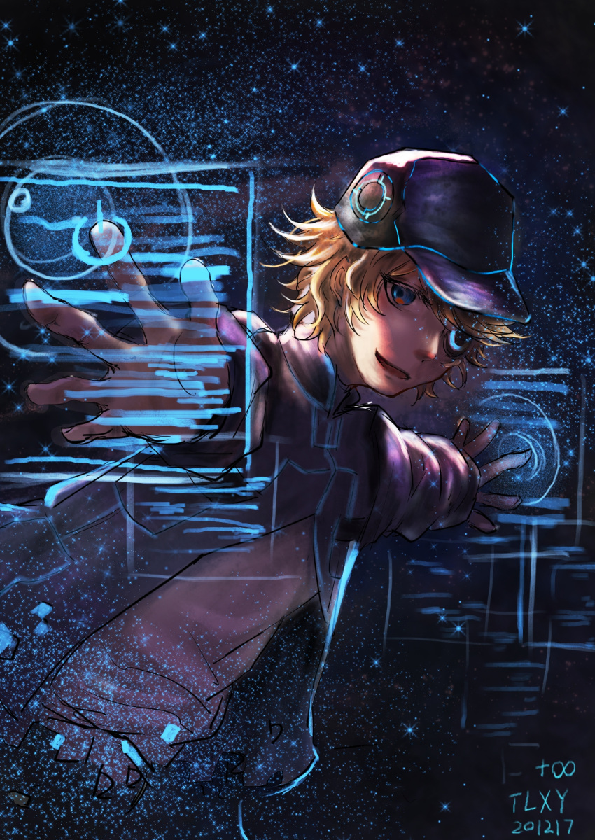 +infinitytlxy 1boy akudama_drive artificial_eye artist_name black_headwear blonde_hair dated hacker_(akudama_drive) hat highres holographic_interface jacket looking_at_viewer male_focus mechanical_eye outstretched_arms simple_background sketch solo upper_body