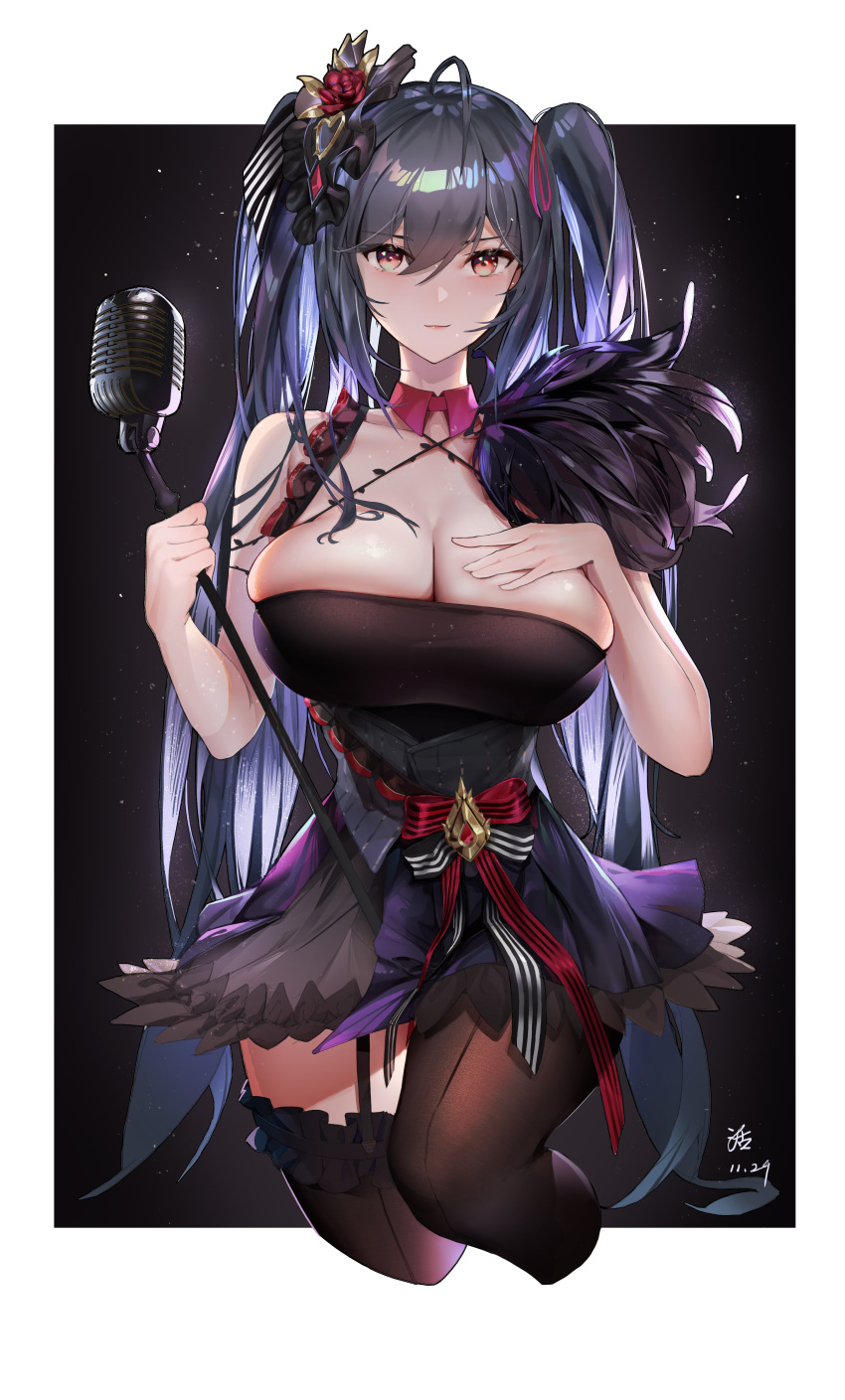 1girl absurdres artist_request asymmetrical_legwear azur_lane black_hair breasts bursting_breasts dress frilled_legwear frills hair_between_eyes hair_ribbon hand_on_own_chest highres holding holding_microphone_stand huge_breasts long_hair looking_at_viewer microphone microphone_stand red_ribbon ribbon short_dress single_thighhigh skindentation sleeveless sleeveless_dress solo strapless strapless_dress taihou_(azur_lane) taihou_(muse)_(azur_lane) thigh-highs twintails very_long_hair